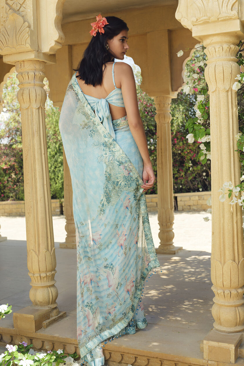 Sagara Printed Chiffon Saree, Powder Blue, image 3